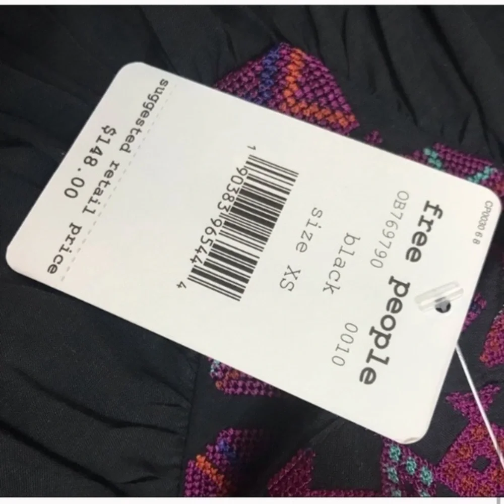 NWT Free People XS Embroidered Cold Shoulder Boho Peasant Top Black Purple